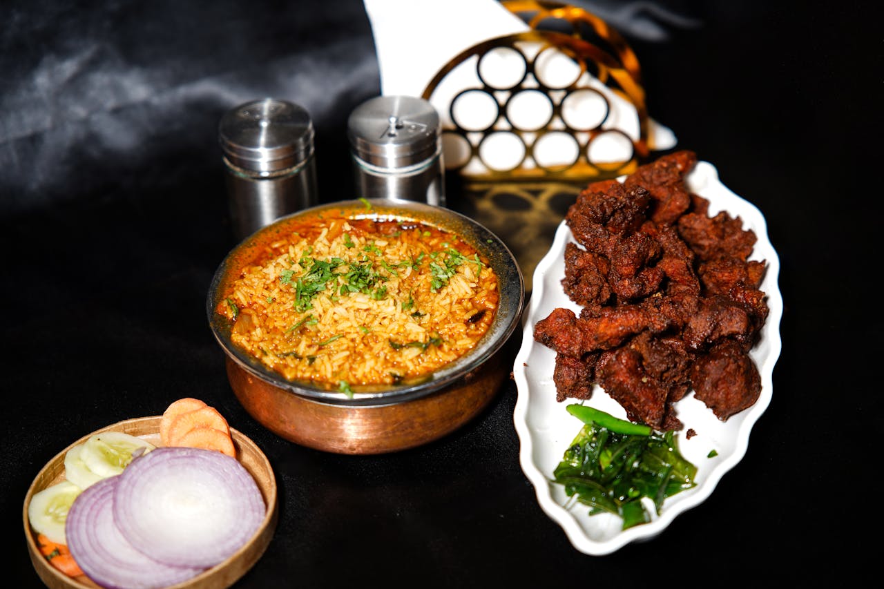 contact-img Authentic Indian biryani with flavorful spiced lamb and fresh veggies, perfect for a gourmet experience.